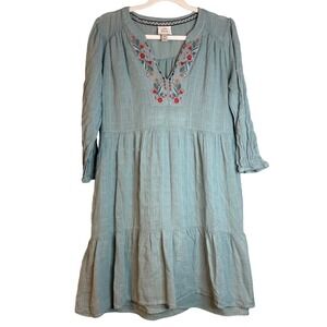 Knox Rose Women Green Floral Embroidered Tiered Gauze Mini Dress Size M Boho
